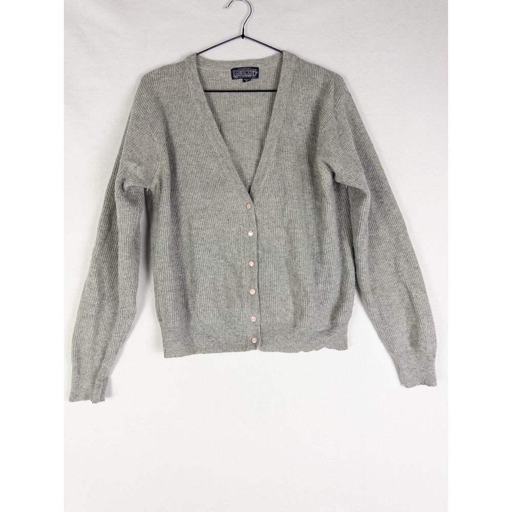 VTG Lands End Cardigan Womens M Gray Angora lambswool V Neck Grandma Knit Button